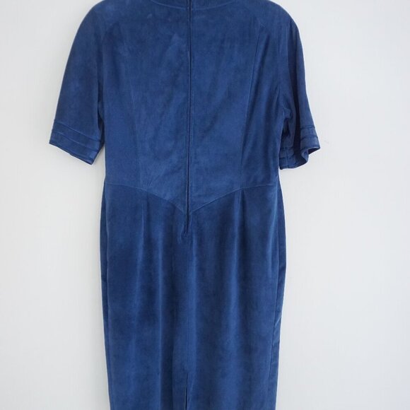 Vintage Danier Blue 100% Suede Leather Short Sleeve Midi Dress Large - Picture 8 of 13